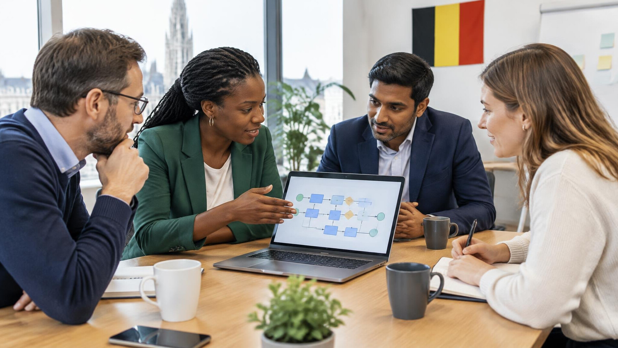 Team meeting around a table discussing workflow