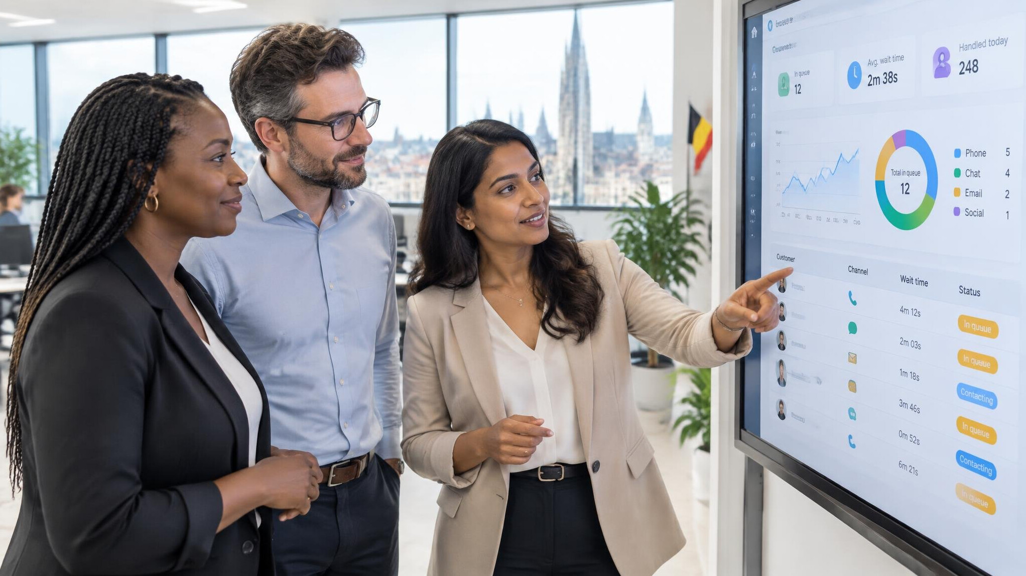 Customer service team reviewing a digital queue management dashboard
