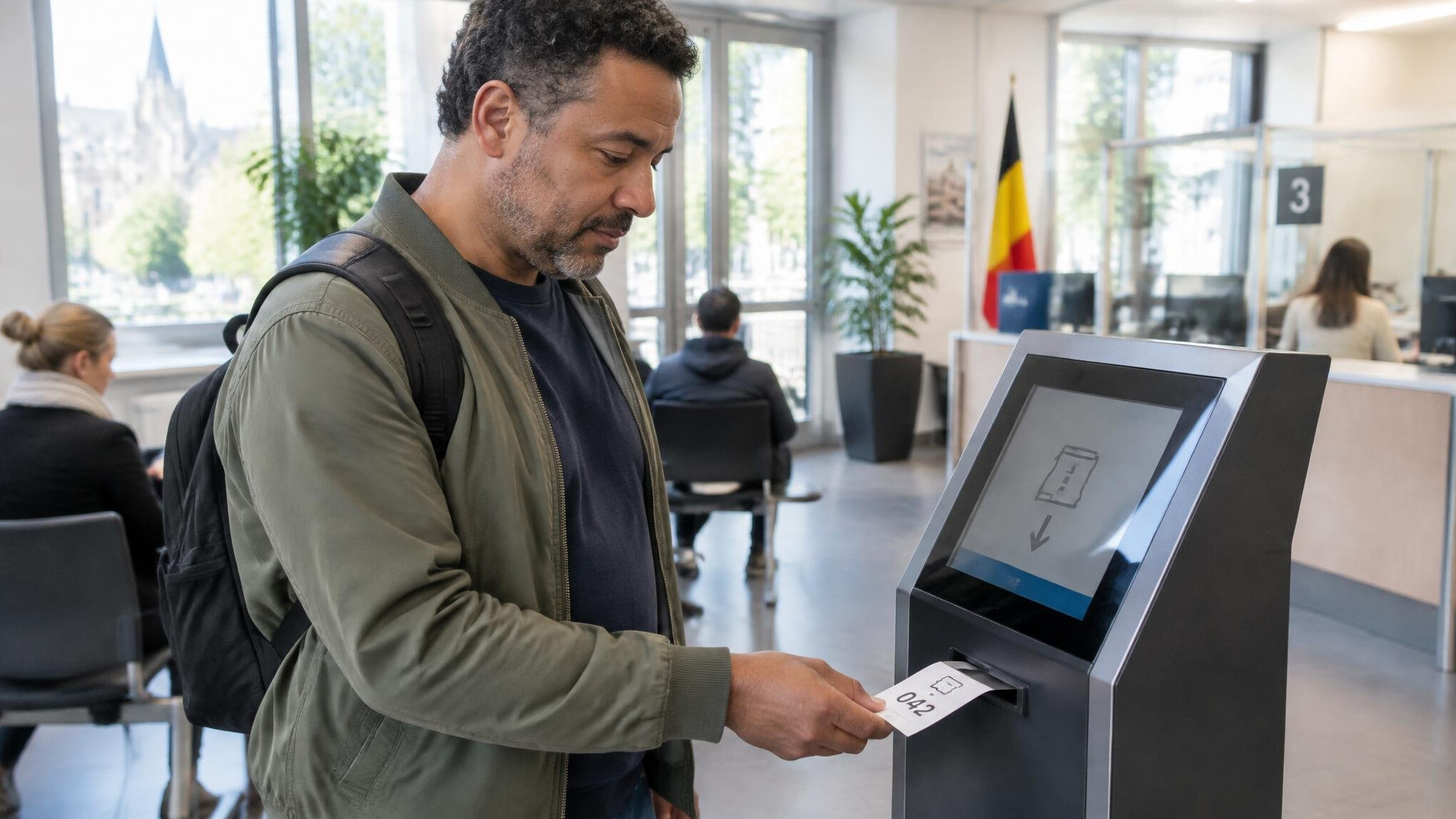 Client taking a numbered ticket from a kiosk