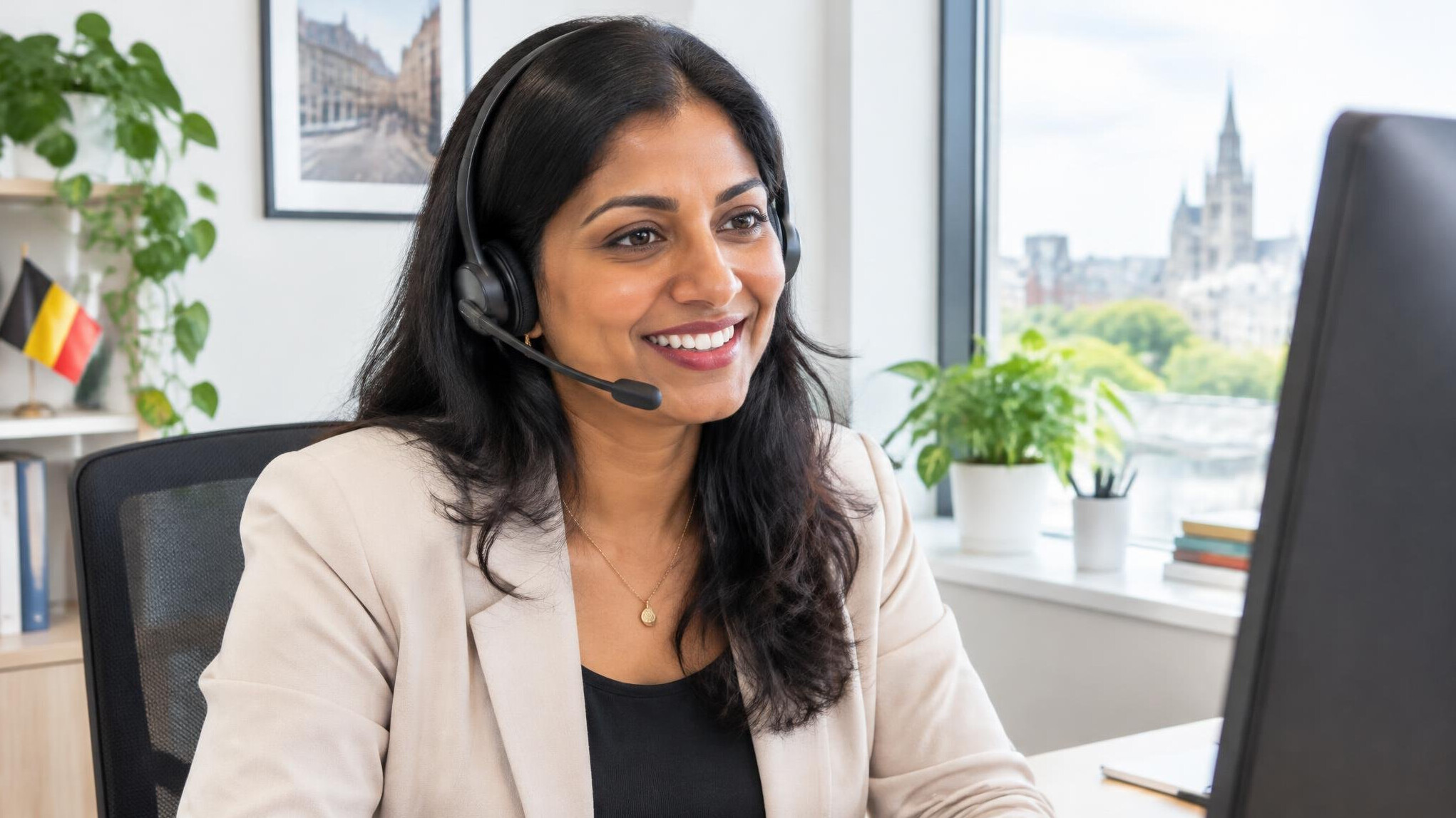 Customer service agent on a headset at a desk